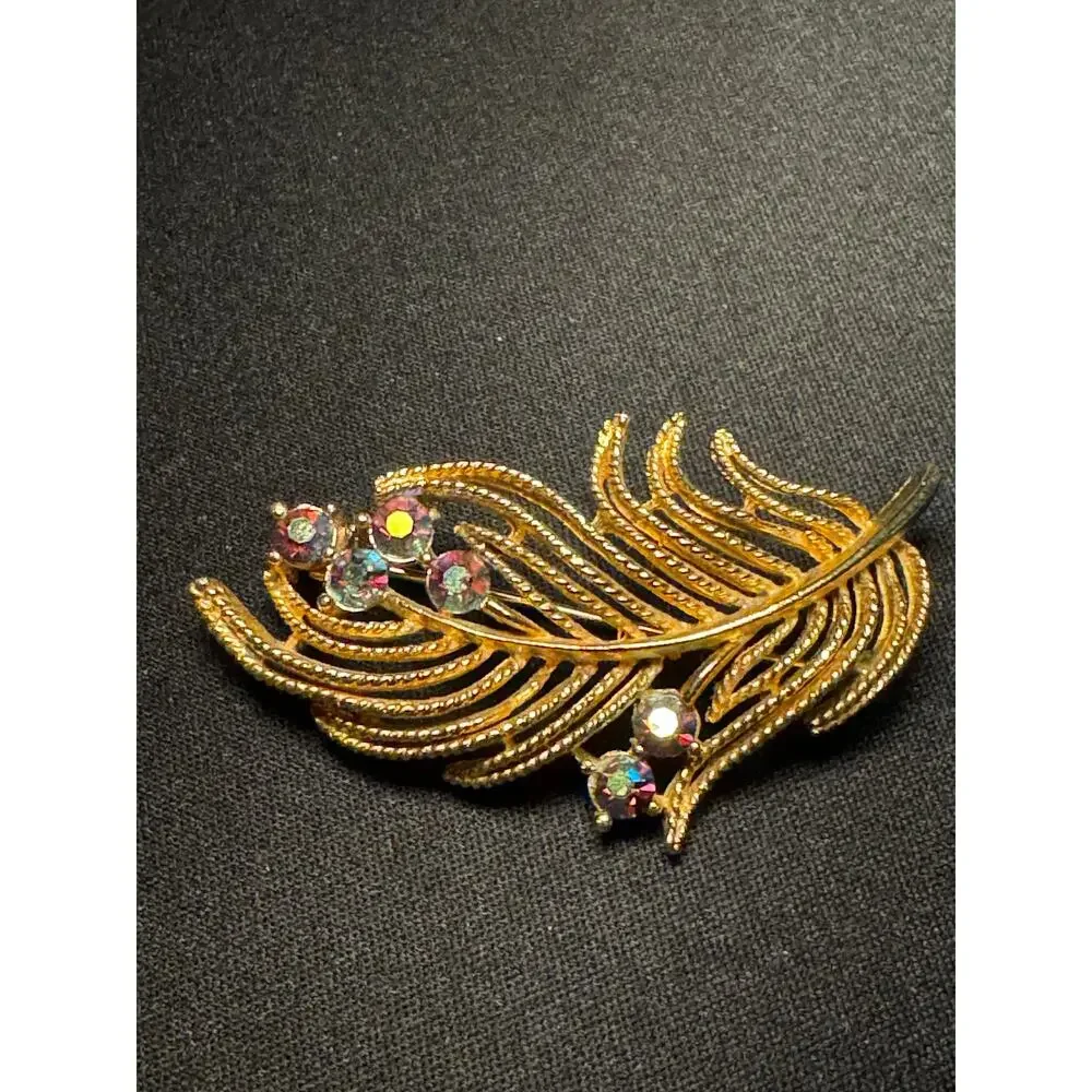 Vintage Lisner Gold Tone AB Feather Brooch